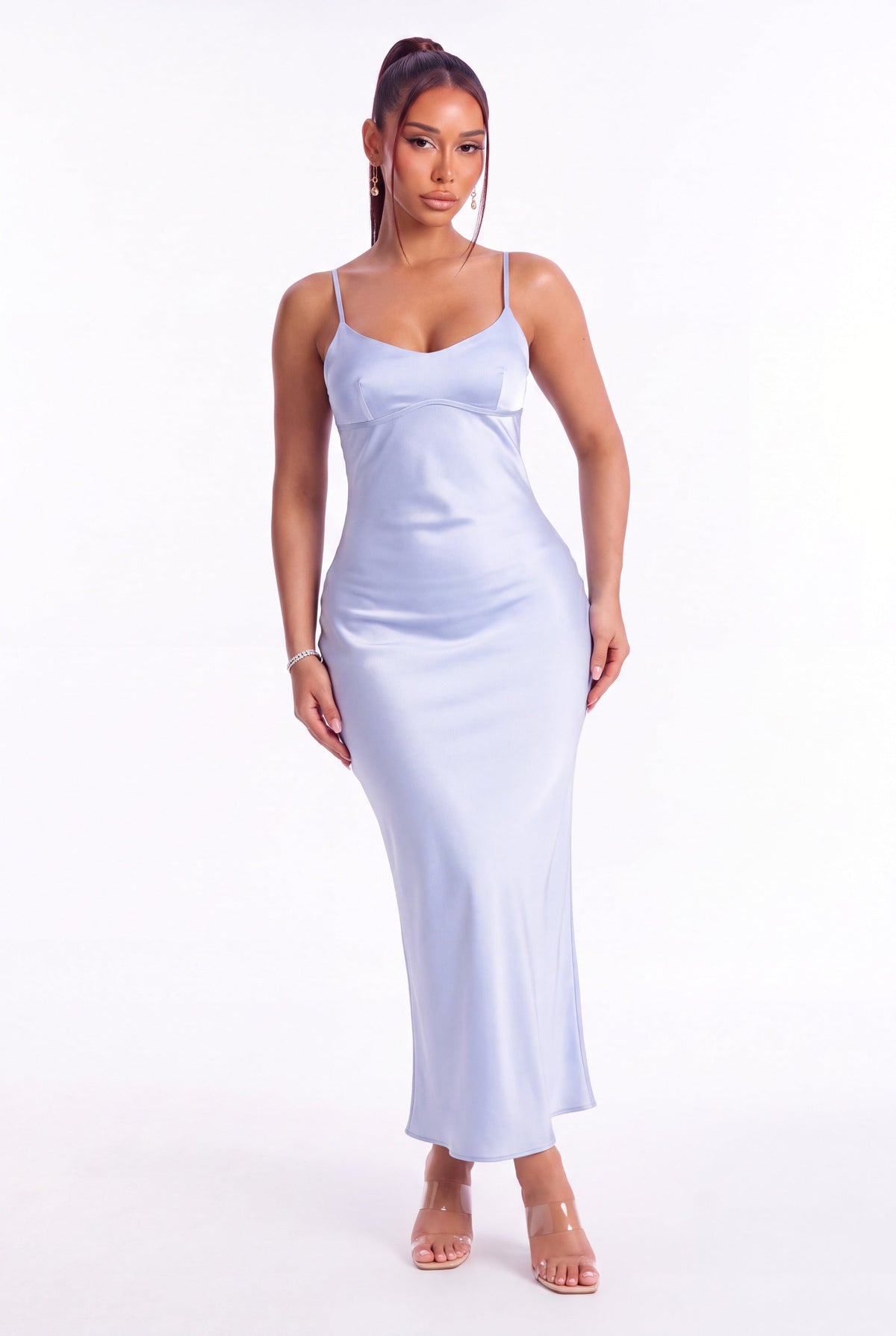 Sofia Satin Slip Maxi Dress - Baby Blue - front