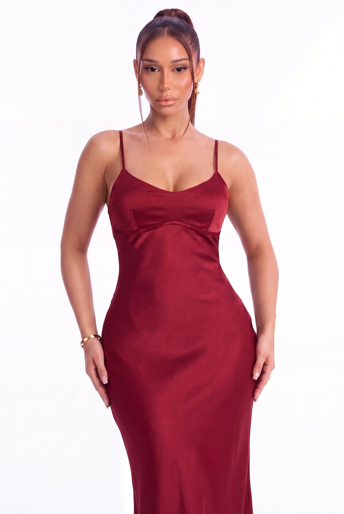 Sofia Satin Slip Maxi Dress - Burgundy - front close-up