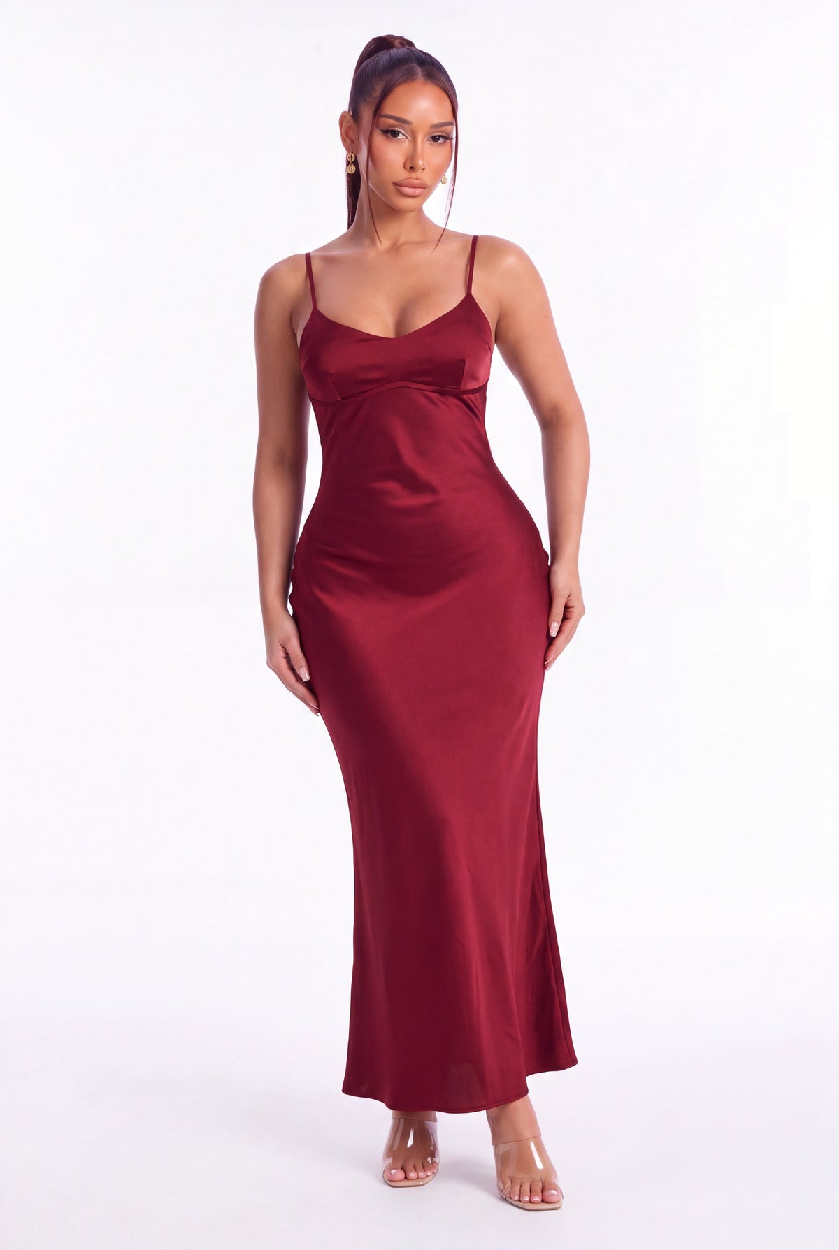 Sofia Satin Slip Maxi Dress - Burgundy - front