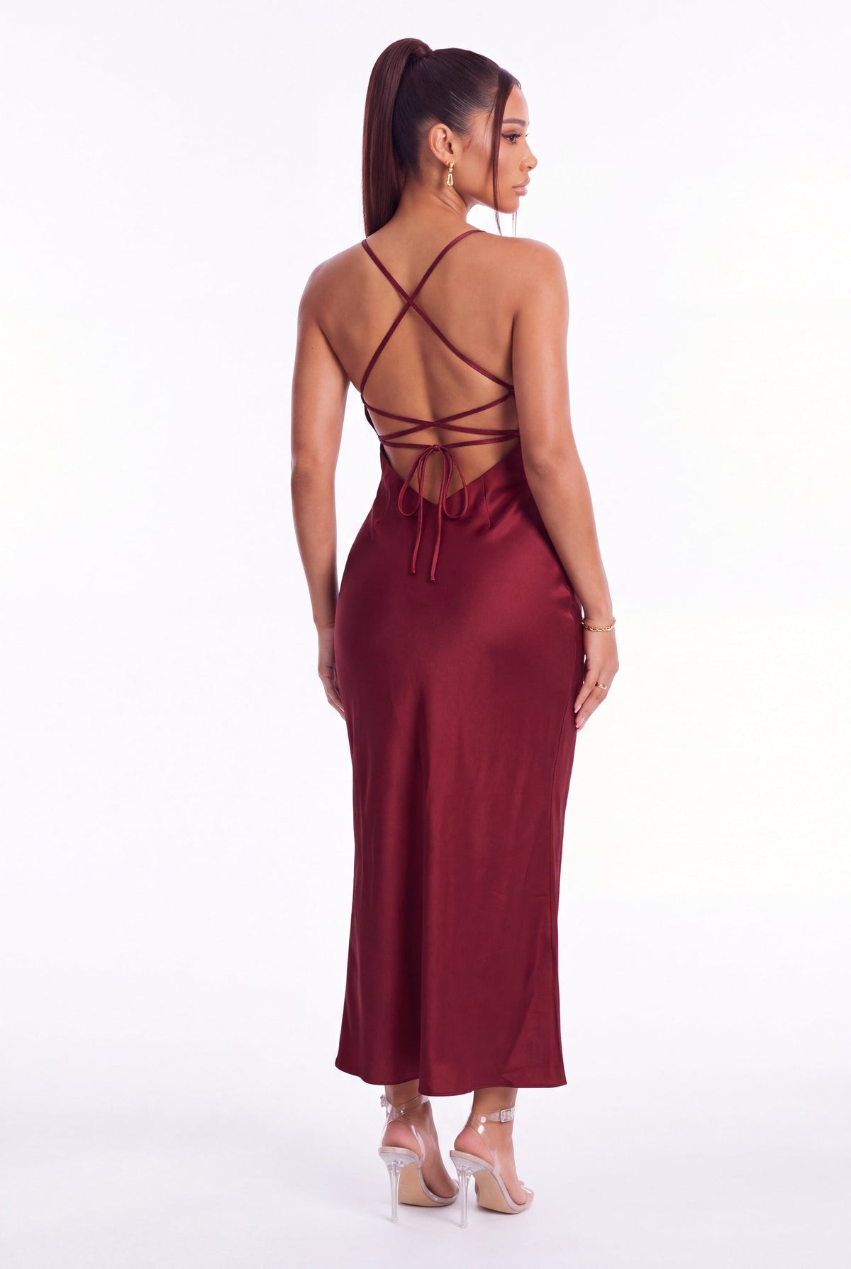 Sofia Satin Slip Maxi Dress - Burgundy - back