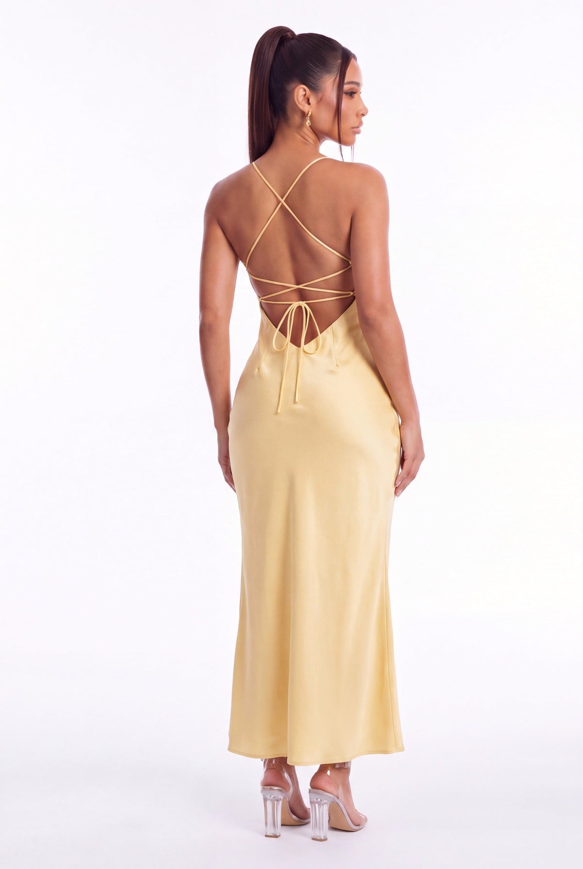 Sofia Satin Slip Maxi Dress - Lemon - back