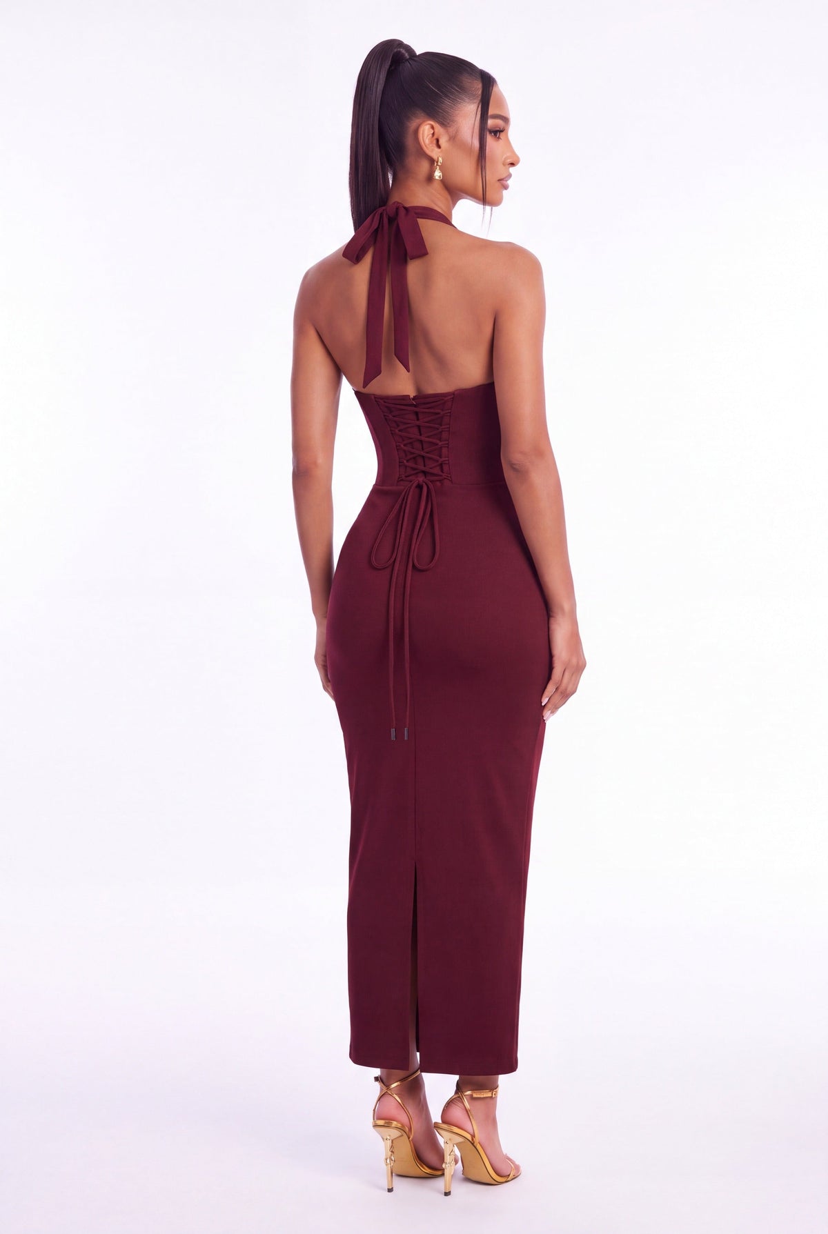 Vittoria Corset Halter Midi Dress - Cherry Lacquer - back